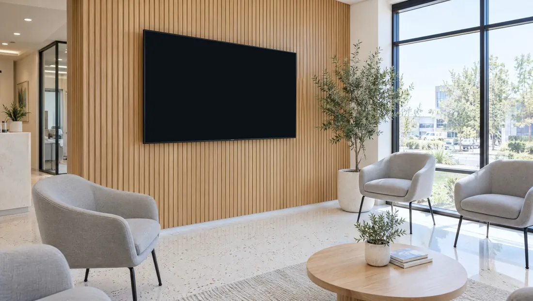 Sala de espera de ortodoncia: Una pantalla de 65″: el diseño con el clima y las noticias, entre pantallas completas