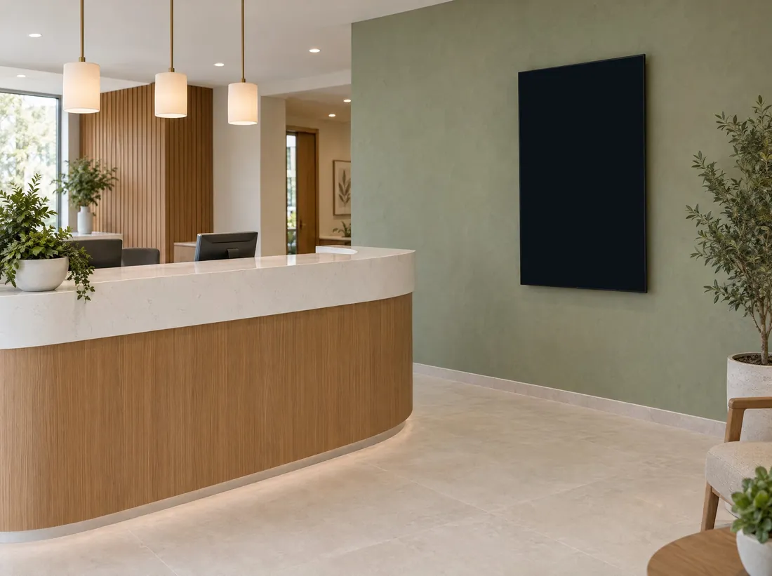 Recepción dental, pantalla vertical: Un televisor vertical junto a la recepción: MPV muestra solo contenido hecho para ese formato