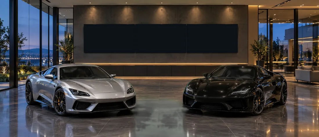 Sala de exhibición de autos de lujo, videomuro 3×1: Tres pantallas, una imagen: la carretera recorre las tres y luego la oferta pasa de pantalla en pantalla