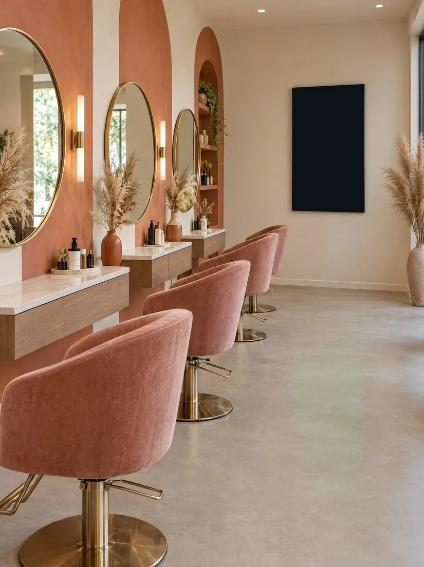 Salón de belleza, pantalla vertical: Servicios y promociones al final de los tocadores