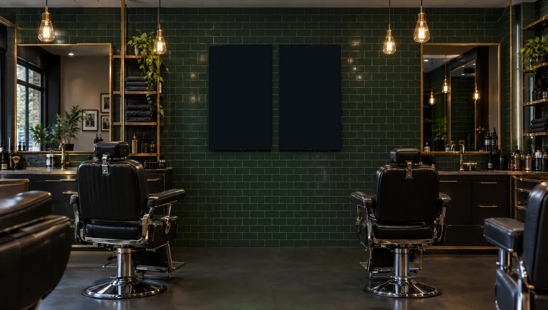 Barbería, videomuro de dos pantallas verticales: Dos televisores verticales lado a lado forman un solo lienzo cuadrado