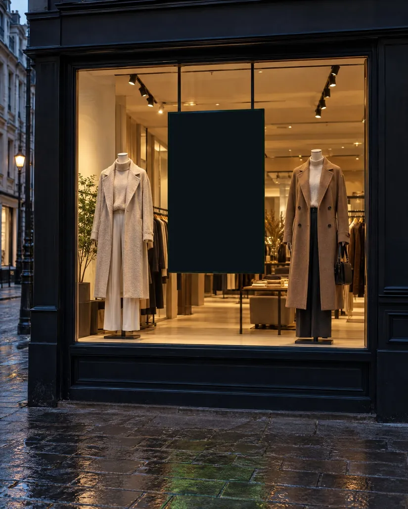 Escaparate de boutique al anochecer: Una pantalla vertical en el escaparate sigue vendiendo después del cierre