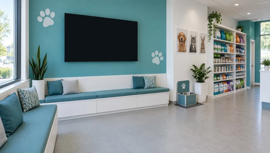 Sala de espera veterinaria: Pantallas del equipo, hechas por MPV a partir del sitio de la clínica
