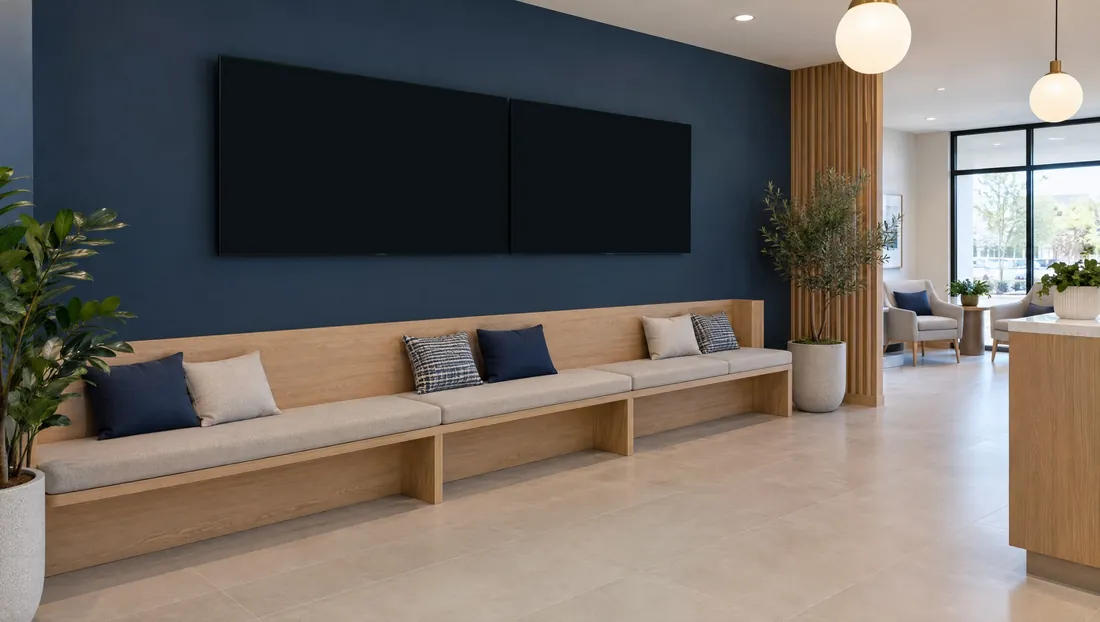Sala de espera dental familiar, videomuro 2×1: Una foto ancha en dos televisores, y luego un mensaje que pasa de una pantalla a la otra
