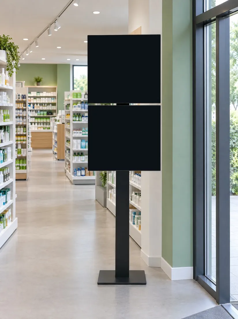 Entrada de farmacia, videomuro apilado 1×2: Dos pantallas apiladas en un tótem alto: los mensajes bajan de la pantalla de arriba a la de abajo